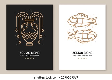 Set of Zodiac astrology horoscope signs aquarius and pisces flyer, brochure, banner, poster. Vector illustration. Elegant line art symbol or icon of aquarius, pisces esoteric zodiacal horoscope