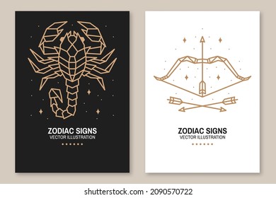 Set of Zodiac astrology horoscope signs scorpio and sagittarius flyer, brochure, banner, poster. Vector illustration. Elegant line art symbol or icon of scorpio, sagittarius esoteric zodiacal