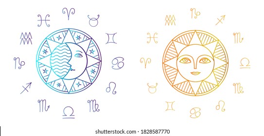 A set of zodiac circles. Golden zodiac signs are located around the face of the Sun. Silver zodiac signs are located around the face of the moon. A set of horoscopes is isolated on a white background.