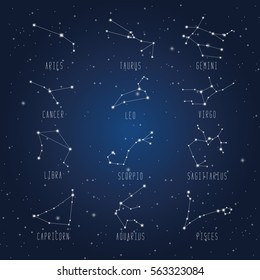 Set of zodiac constellation on the background of starry sky with names
