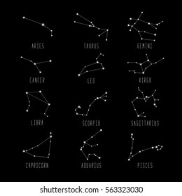 Set of zodiac constellation on the black background with names