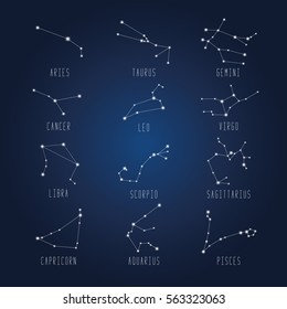 Set of zodiac constellation on the dark blue background with names