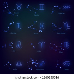 A set of zodiac constellation and signs on a dark background, starry sky, horoscope, astrology, esotericism, prediction of the future.