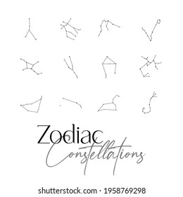 Set of Zodiac constellations : Aries, Taurus, Gemini, Cancer, Leo, Virgo, Libra, Scorpio, Sagittarius, Capricornus, Aquarius, Pisces. Line zodiac vector. Tattoo style.