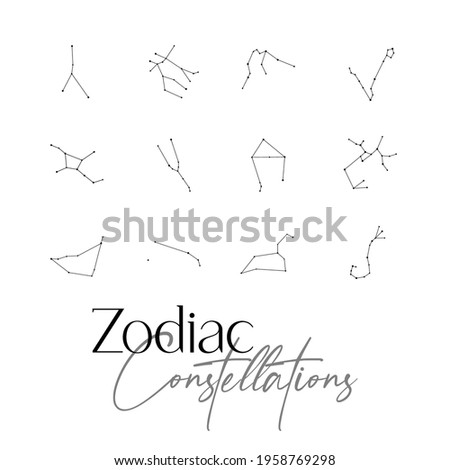 Set of Zodiac constellations : Aries, Taurus, Gemini, Cancer, Leo, Virgo, Libra, Scorpio, Sagittarius, Capricornus, Aquarius, Pisces. Line zodiac vector. Tattoo style.