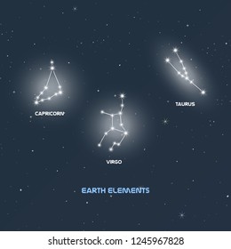 Set of zodiac constellations. Astrological elements of earth. Vector illustration.