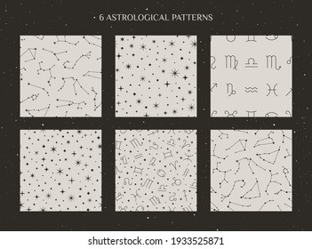 Set of Zodiac Constellations and Astrology Signs Seamless Pattern on the white background in Minimal Trendy Style. Vector Cosmic backdrops. Horoscope symbols textures.