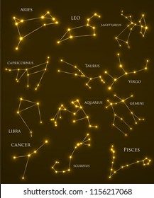 Set of zodiac constellations. Horoscope set: Aries, Leo, Sagitarius, Capricorn, Taurus, Virgo, Libra, Aquarius, Gemini, Cancer, Scorpio, Pisces. Vector Illustration. Eps10