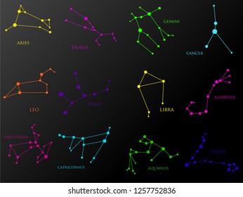 Set of zodiac constellations. Horoscope set: Aries, Leo, Sagitarius, Capricorn, Taurus, Virgo, Libra, Aquarius, Gemini, Cancer, Scorpio, Pisces. Vector Illustration. Eps10