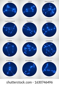 Set of zodiac constellations. Horoscope set: Aries, Leo, Sagitarius, Capricorn, Taurus, Virgo, Libra, Aquarius, Gemini, Cancer, Scorpio, Pisces. Vector Illustration. Eps10