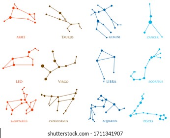 Set of zodiac constellations. Horoscope set: Aries, Leo, Sagittarius, Capricorn, Taurus, Virgo, Libra, Aquarius, Gemini, Cancer, Scorpio, Pisces. Vector Illustration