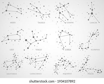 Set of zodiac constellations. Horoscope set: Aries, Leo, Sagitarius, Capricorn, Taurus, Virgo, Libra, Aquarius, Gemini, Cancer, Scorpio, Pisces. Vector illustration