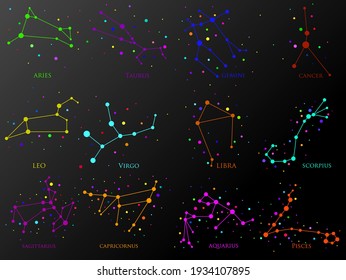 Set of zodiac constellations. Horoscope set: Aries, Leo, Sagitarius, Capricorn, Taurus, Virgo, Libra, Aquarius, Gemini, Cancer, Scorpio, Pisces. Vector illustration