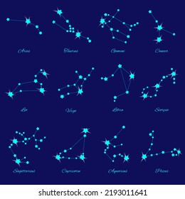 Set of zodiac constellations. Horoscope set: Aries, Leo, Sagittarius, Capricorn, Taurus, Virgo, Libra, Aquarius, Gemini, Cancer, Scorpio, Pisces. Vector Illustration.