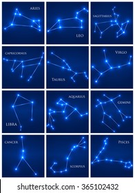 Set of zodiac constellations. Horoscope set: Aries, Leo, Sagitarius, Capricorn, Taurus, Virgo, Libra, Aquarius, Gemini, Cancer, Scorpio, Pisces. Vector Illustration. Eps10