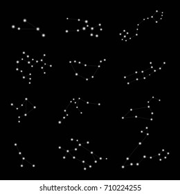 Set of zodiac constellations. Horoscope set: Aries, Leo, Sagittarius, Capricorn, Taurus, Virgo, Libra, Aquarius, Gemini, Cancer, Scorpio, Pisces. Vector Illustration