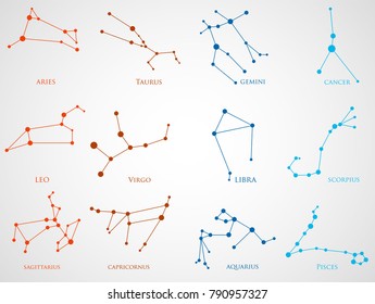 Set of zodiac constellations. Horoscope set: Aries, Leo, Sagitarius, Capricorn, Taurus, Virgo, Libra, Aquarius, Gemini, Cancer, Scorpio, Pisces. Vector Illustration. Eps10