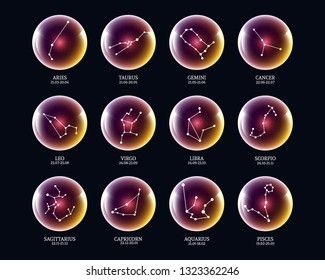 Set of zodiac constellations in luminous balls . Astrological Horoscope. Vector Illustration 
