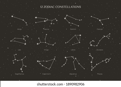 Set of Zodiac Constellations in a Minimal Linear Style. Vector collection of Horoscope Symbols - Aries, Taurus, Gemini, Cancer, Leo, Virgo, Libra, Scorpio, Sagittarius, Capricorn, Aquarius Pisces