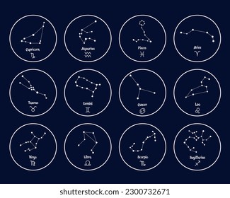 Set of zodiac constellations with names and symbols, astrological horoscope. illustration vector