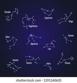 Set of zodiac constellations on dark blue background