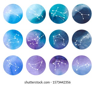 Set of zodiac constellations on watercolor background. Vector zodiac signs.