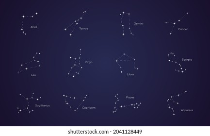 Set of Zodiac constellations signs. Astrological Horoscope Icons of Aries, Taurus, Leo, Gemini, Virgo, Scorpio, Libra, Aquarius, Sagittarius, Pisces, Capricorn, Cancer. Vector Illustration