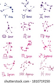 
Set of zodiac constellations. Space and Stars. Vector illustration.