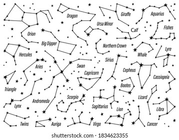 A set of zodiac constellations. Space and stars. Vector illustration on white isolated background.