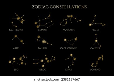 Set of zodiac constellations vector illustration design. Golden stars, horoscope collection and astrological signs.