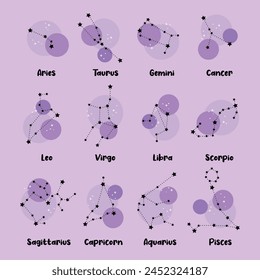 Set of zodiac constellations. Vector space and stars illustration. 12 zodiac constellations with stars, astrology, astronomy spiritual vector design elements