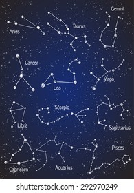 Set of zodiac constellations. Vector space and stars illustration.