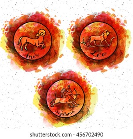 Set of Zodiac fire element signs.Watercolor texture astrology and horoscope icon. Symbols of Ancient Egypt. Suitable for tattoo and colorings.
