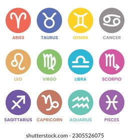 set zodiac flat signsymbol with colorfull round background; horoscope sign; twelve 12 signsymbol; aries, taurus, gemini, cancer, leo, virgo, libra, scorpio, sagitarius, capricorn, aquarius, pisces