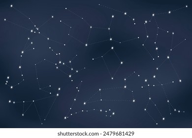 Set zodiac icon with line and point. Detailed flat vector illustration of the zodiac horoscope constellations on top of a dim star background. Hand drawn zodiac constellations.