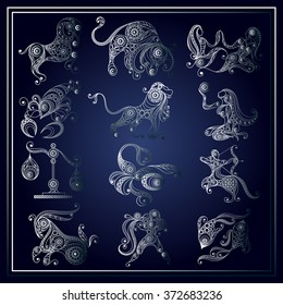 Set of zodiac icons (astrology, astronomy). Horoscope signs as cartoon characters. Vector illustration.