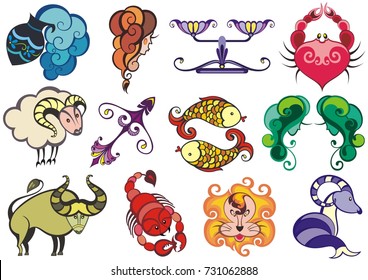 Set of zodiac icons (astrology, astronomy). Horoscope signs as cartoon characters. Vector illustration.