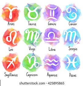 Set of zodiac icons with captions. Zodiac signs. Horoscope vector icons. Astrology icons set. Simple hand drawn zodiac symbols with cute bright backgrounds