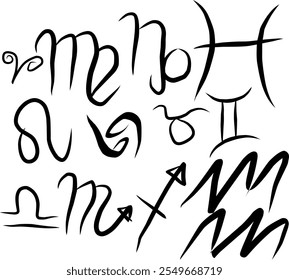 set of zodiac icons in doodle style. draw black lines forming the zodiac symbols. hand drawn zodiac