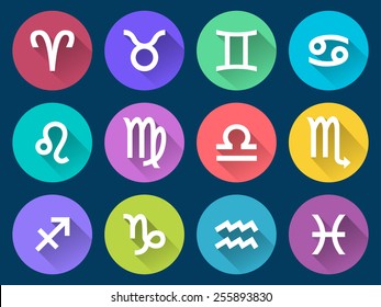 Set of zodiac icons in flat design with shadows on the blue background. Vector illustration. EPS 10.