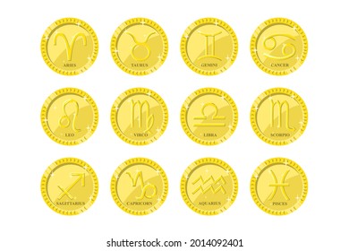 Set of zodiac icons in golden coins.