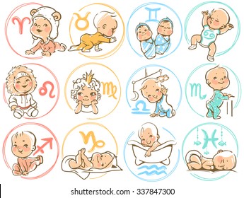 Set of zodiac icons.  Horoscope signs as cartoon characters. Cute baby boys and girls as astrological symbol. Colorful vector illustration. Baby in diaper, crawling, sitting, smiling, sleeping baby.