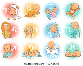 Set of zodiac icons. Horoscope signs as cartoon characters. Cute baby boys and girls as astrological symbol. Colorful vector illustration. Baby in diaper, crawling, sitting, smiling, sleeping baby.