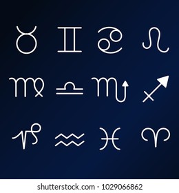 Set of zodiac icons on dark blue background.