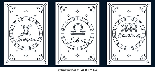 Set of zodiac illustrations featuring Gemini, Libra and Aquarius symbols with astrological signs around. Represents air element horoscopes, astrology themes and mystical celestial design