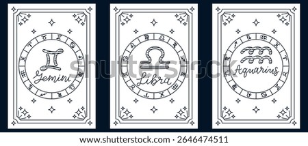 Set of zodiac illustrations featuring Gemini, Libra and Aquarius symbols with astrological signs around. Represents air element horoscopes, astrology themes and mystical celestial design