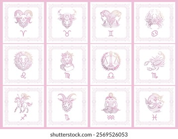 A set of zodiac sign cards in pastel colors. Outline signs of the astrological horoscope. Icons, templates