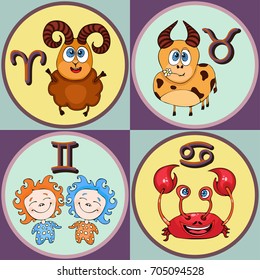 Set zodiac sign cartoon, Aries, Taurus, Gemini, Cancer. Painted funny astrological characters and symbols in a round frame multicolored on colorful background. Vector illustration