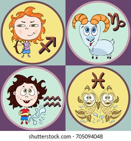 Set zodiac sign cartoon, Sagittarius, Capricorn, Aquarius, Pisces. Painted funny astrological characters and symbols in a round frame multicolored on colorful background. Vector illustration
