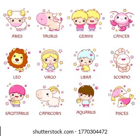 Set of zodiac sign characters in kawaii style. Cute chibi baby and animal. Aquarius, pisces, aries, leo, gemini, taurus, scorpio, sagittarius, libra, virgo, capricorn, cancer. Vector illustration EPS8